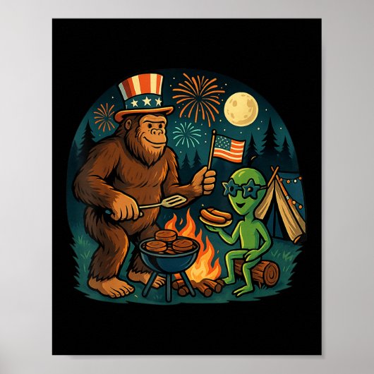 Grappig Bigfoot Alien BBQ kampvuur 4 juli Ameri Poster (Voorkant)