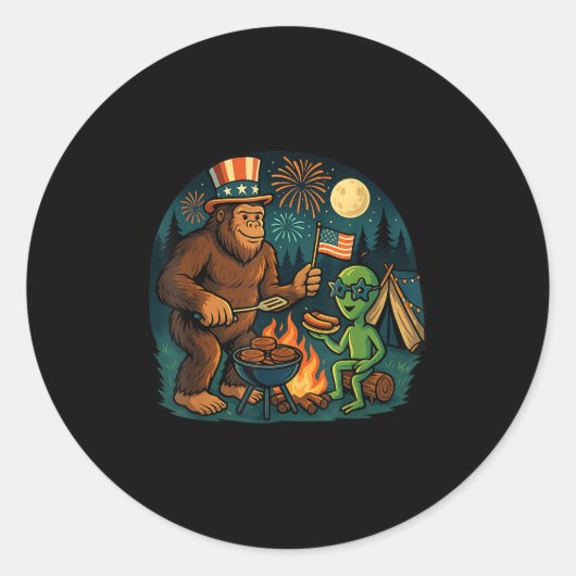 Grappig Bigfoot Alien BBQ kampvuur 4 juli Ameri Ronde Sticker (Voorkant)