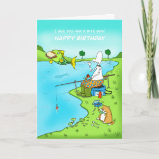 Grappig Birthday Son fishing card met vis Kaart