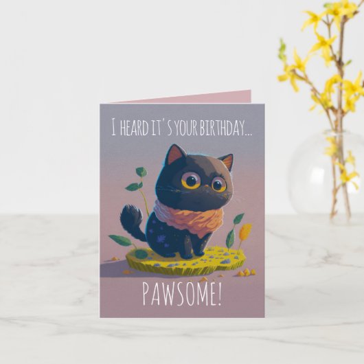 Grappig Black Cat Illustratie, Pawsome jarig Kaart (Gele Bloem)