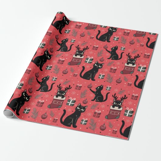 Grappig Black Cats Christmas Wrapping Paper Cadeaupapier (Uitgerold)