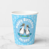 Grappig blauw gefundeerde foto van de cartoon van  papieren bekers (Achterkant)