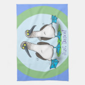 Grappig blauw-voetschoen-zeevogel-dansende cartoon theedoek (Verticaal)