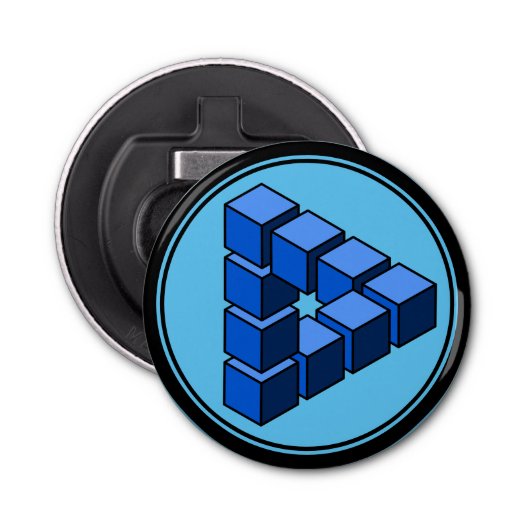 Grappig blauw zwart onmogelijk driehoek blokken button flesopener (Voorkant)