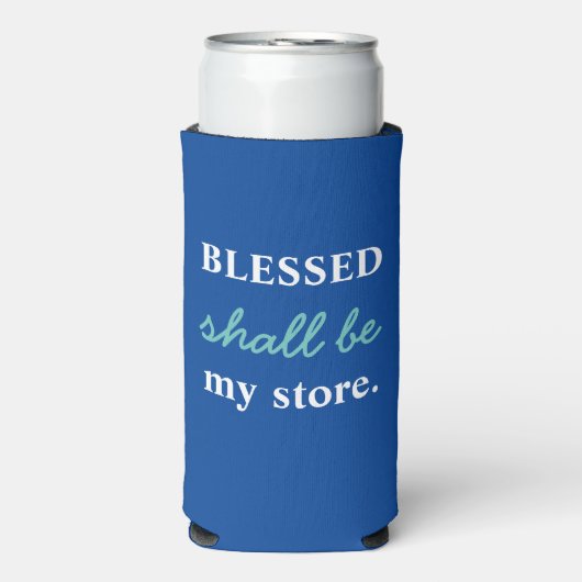 Grappig "Blessed Shall Be My Store" Blauw & Wit Seltzer Blikjeskoeler (Seltzer Voorkant)