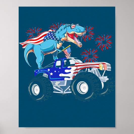 Grappig blij op 4 juli Dinosaur Monster Truck T Poster (Voorkant)
