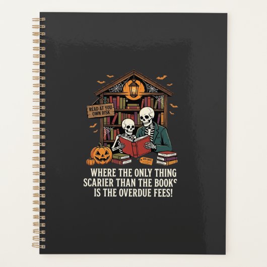 Grappig Boek Liefhebber Halloween Skelet Bibliothe Planner (Voorkant)