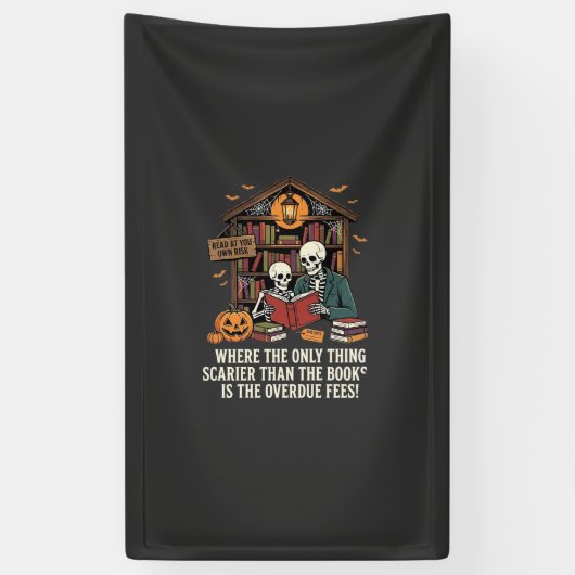 Grappig Boek Liefhebber Halloween Skelet Bibliothe Spandoek (Verticaal)