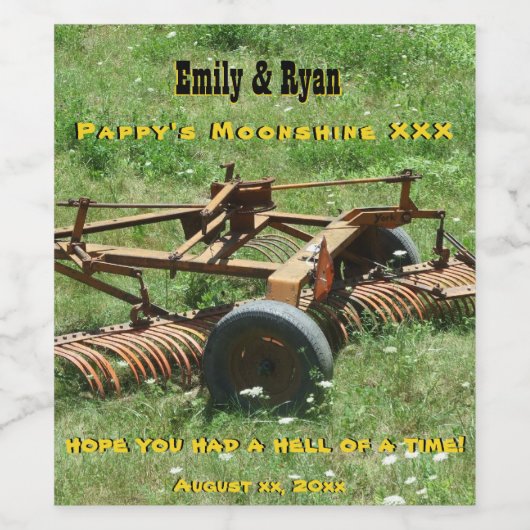 Grappig, Boerderij, Schuur bruiloft, Moonshine Wijn Etiket (Enkel label)