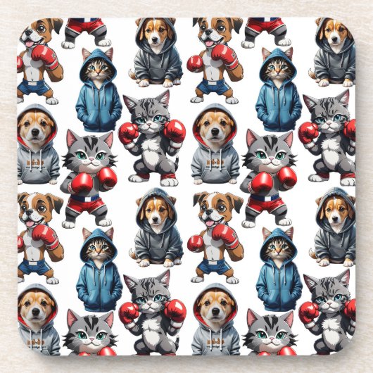 Grappig Boksen Kat Hond Patroon Design Bier Onderzetter (Voorkant)