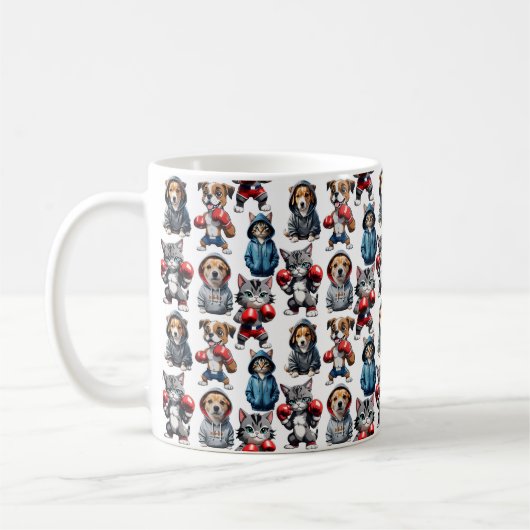 Grappig Boksen Kat Hond Patroon Design Koffiemok (Links)