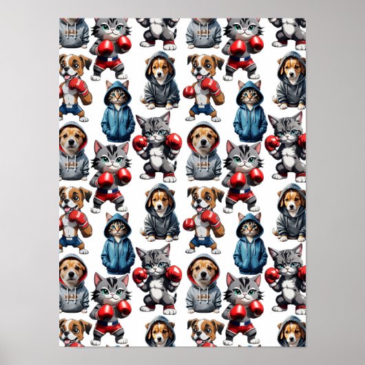 Grappig Boksen Kat Hond Patroon Design Poster (Voorkant)