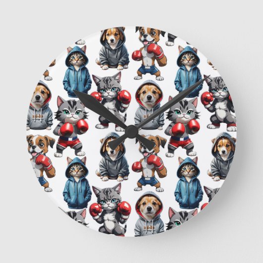 Grappig Boksen Kat Hond Patroon Design Ronde Klok (Voorkant)