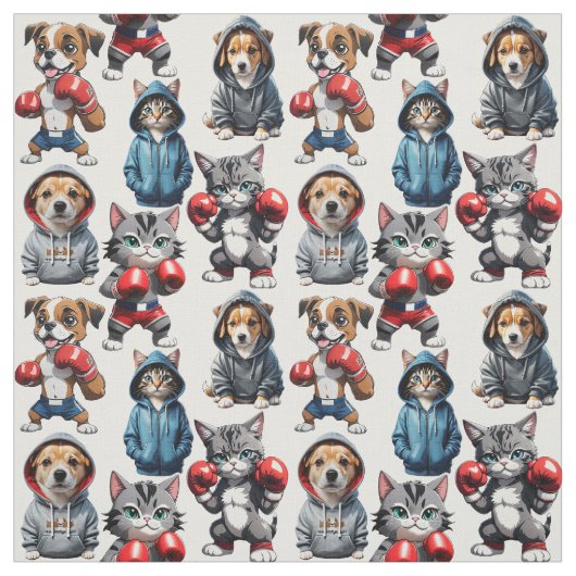 Grappig Boksen Kat Hond Patroon Design Stof (Swatch)