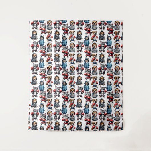 Grappig Boksen Kat Hond Patroon Design Wandkleed (Voorkant)