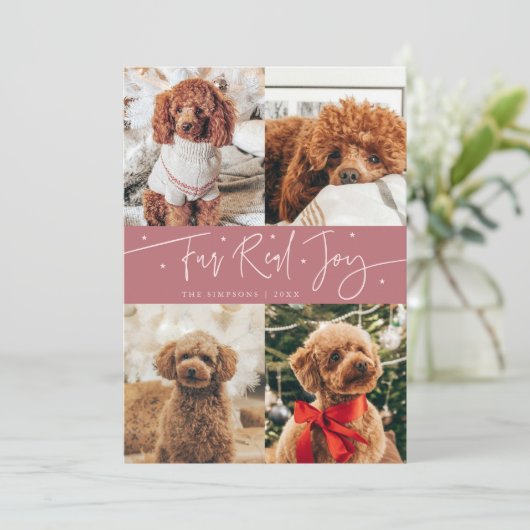 Grappig Bont Echte Joy Hond Foto Roze Kerst Feestdagenkaart (Staand voorkant)
