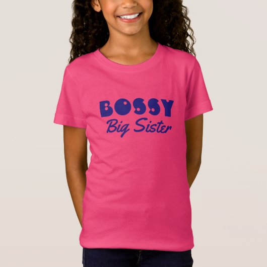 Grappig "BOSSY Big Sister" met blauwe tekst T-shirt (Voorkant)