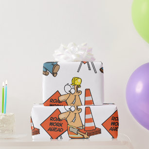 Grappig Bouwvakker Wegwerk Vooruit Bord Cadeaupapier