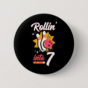Grappig Bowling 7e verjaardag Rollin' Into 7 Ronde Button 5,7 Cm