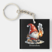 Grappig brandend moeras mellow gnome camping sleutelhanger (voorkant)