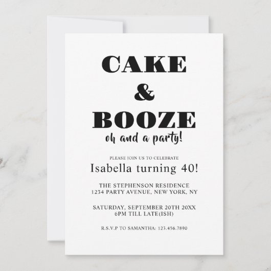 Grappig Cake & Booze Verjaardagsfeest Zwart-wit Kaart (Voorkant)