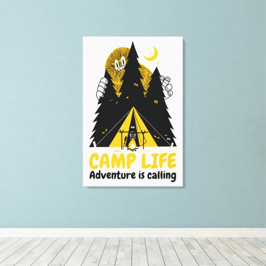 Grappig Camping Monster – Kampeer Levens Avontuur Canvas Afdruk (Insitu (Houten vloer))