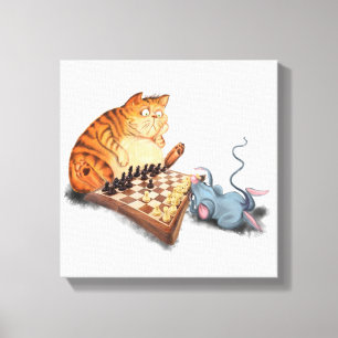 Grappig canvas kat en muis spelen schaken afdruk