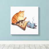 Grappig canvas kat en muis spelen schaken afdruk (Insitu (Houten vloer))