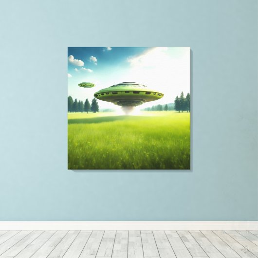 Grappig canvas UFO aliens op een groene weide (Insitu (Houten vloer))