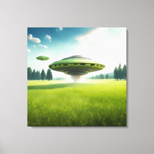 Grappig canvas UFO aliens op een groene weide (Voorkant)