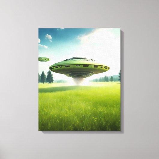 Grappig canvas UFO aliens op een groene weide Afdruk (Voorkant)