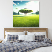 Grappig canvas UFO aliens op een groene weide Afdruk (Insitu (Slaapkamer))
