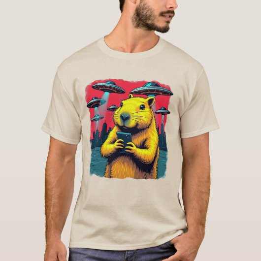 Grappig Capybara Selfie met UFO's T-Shirt - Grappi (Voorkant)