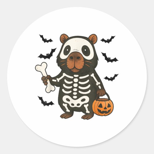 Grappig Capybara Skeleton Pompoen Halloween kostuu Ronde Sticker (Voorkant)