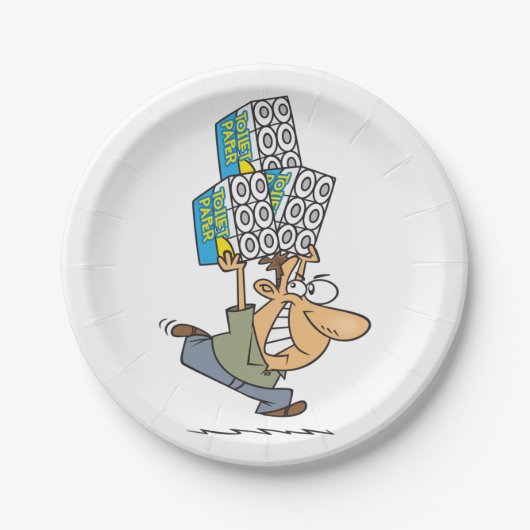 Grappig Cartoon Man Paniek kopen toiletpapier Papieren Bordje (Voorkant)