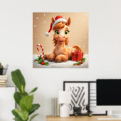 Grappig Cartoon Paard Kerstman Hoed Kerstvakantie Poster (Thuiskantoor)