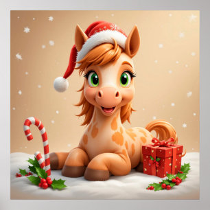 Grappig Cartoon Paard Kerstman Hoed Kerstvakantie Poster