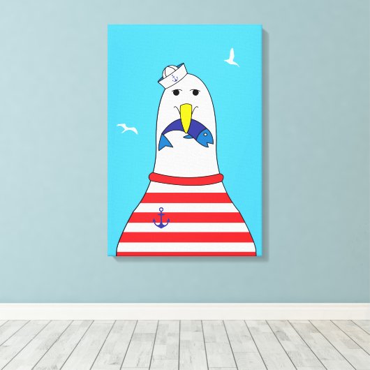 Grappig Cartoon zeemeeuw vogel Kinder strand thema Canvas Afdruk (Insitu (Houten vloer))