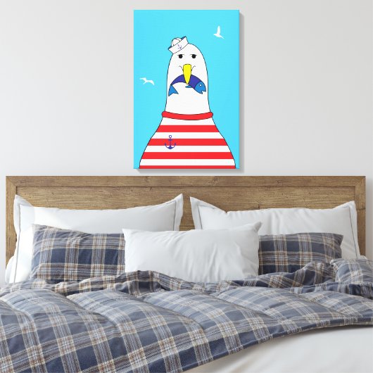 Grappig Cartoon zeemeeuw vogel Kinder strand thema Canvas Afdruk (Insitu (Slaapkamer))
