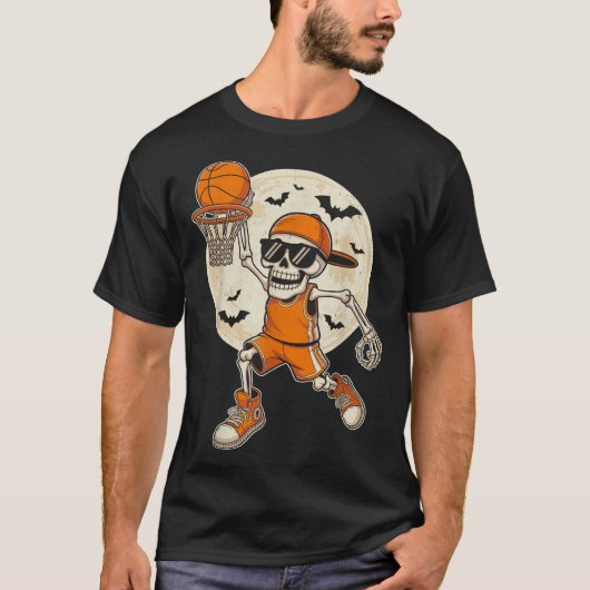 Grappig Cartoonskelet Basketbal Halloween Speler T-shirt (Voorkant)