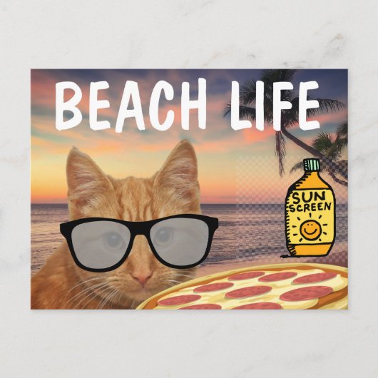 GRAPPIG CAT BEACH PIZZA BRIEFKAART (Voorkant)