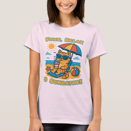 Grappig Cat Beach T-Shirt – Paws, Relax & Sunbathe (Voorkant)
