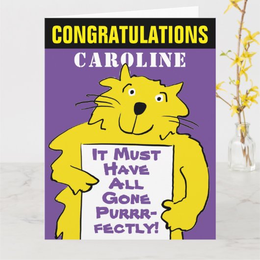 Grappig Cat Design Gefeliciteerd met een Cat Pun Kaart (Gele Bloem)