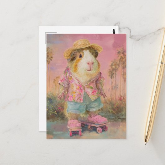 Grappig cavia op twee skateboards briefkaart (Voorkant / Achterkant in situ)