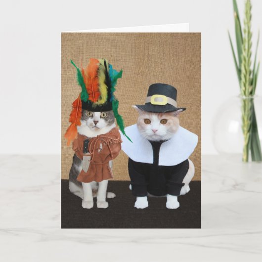 Grappig Chief en Pilgrim Cat Lover Thanksgiving Feestdagen Kaart (Voorkant)