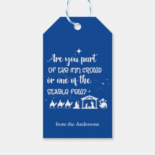 Grappig Christelijk Kerstmis Geboorte Blauw Cadeaulabel (Voorkant)