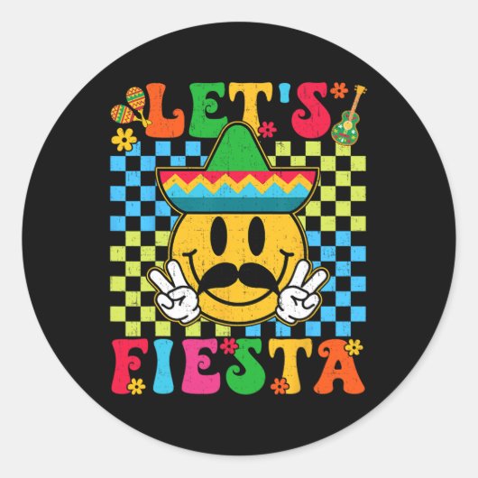 Grappig Cinco De Mayo Checkered Let's Fiesta Smile Ronde Sticker (Voorkant)
