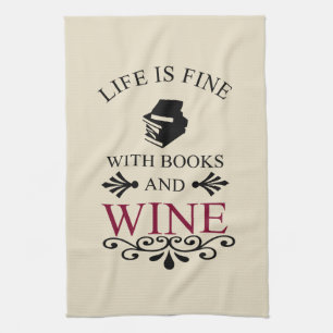 grappig citaat voor boeken en wijnliefhebber theedoek