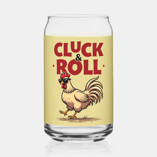Grappig "Cluck & Roll" Cool Rooster Cartoon ontwer Blikvorm Glas (Achterkant)