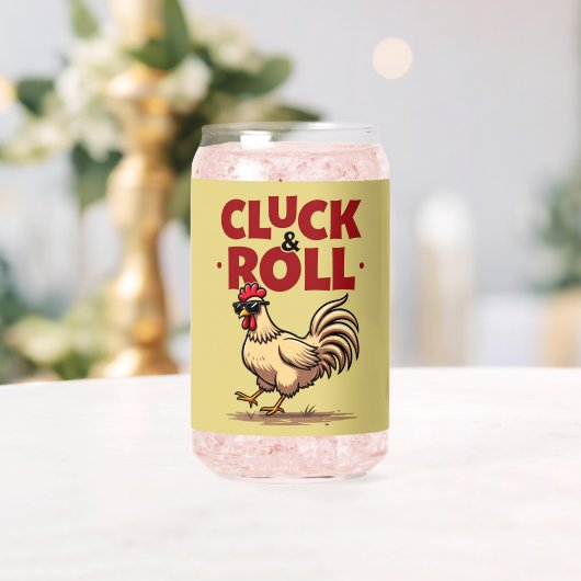 Grappig "Cluck & Roll" Cool Rooster Cartoon ontwer Blikvorm Glas (Insitu (Huwelijk))
